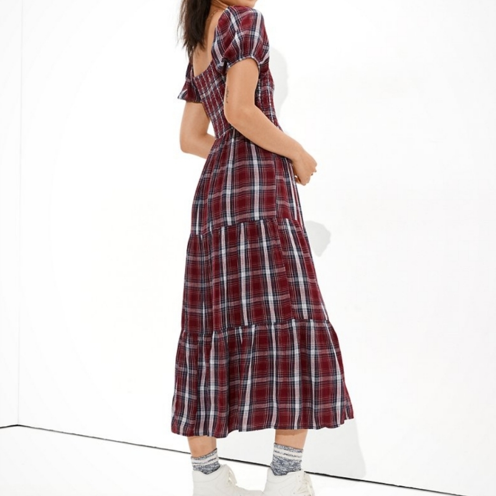 Plaid puff sleeve Maxi dress